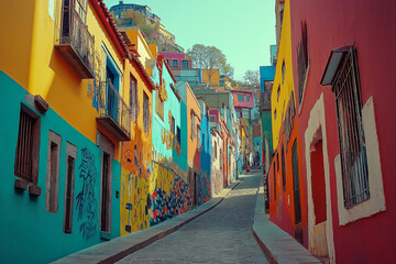 Poster - A colorful graffiti-covered alleyway in a bustling metropolis