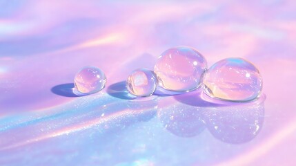Wall Mural - pastel water droplets on iridescent surface with soft light reflections