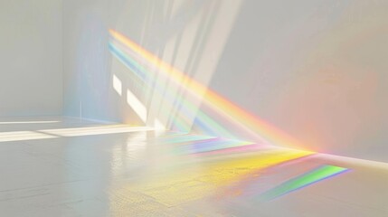 A white background with vibrant rainbow light streaks created by a prism effect. A dreamy, fluorescent ethereal look