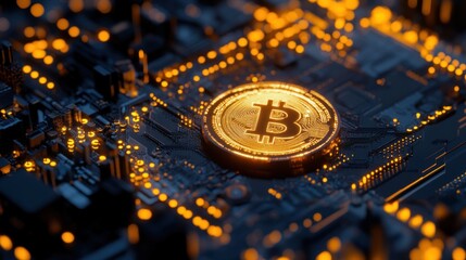 Poster - Illuminated Bitcoin on a Circuit Board