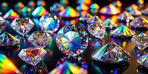Poster - Various cut gemstones with vibrant colors are scattered on a black surface. The light reflects off their surfaces, creating a dazzling effect. Each stone displays unique facets and flashes of color