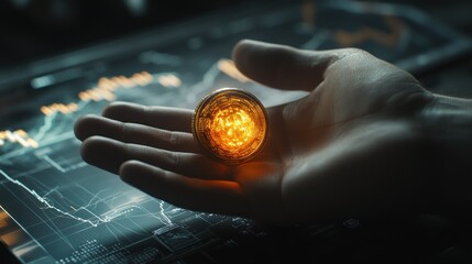 Poster - Glowing Cryptocurrency Coin Held In A Hand Over Data Charts