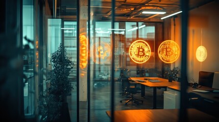 Poster - Glowing Bitcoin Symbols in Modern Office Space