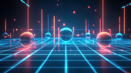 Leinwandbilder - Neon Gridscape with Suspended Illuminated Spheres