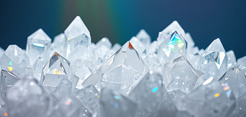 Poster - Groups of clear crystals sparkle under gentle illumination, showcasing intricate shapes and reflections. The vibrant light creates an enchanting atmosphere, emphasizing their natural beauty