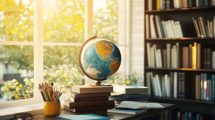 Poster - Globe Books And Pencils Near Sunny Window
