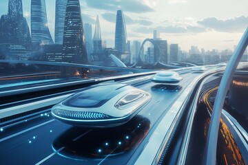 Aufkleber - A futuristic highway with sleek, hovering cars speeding
