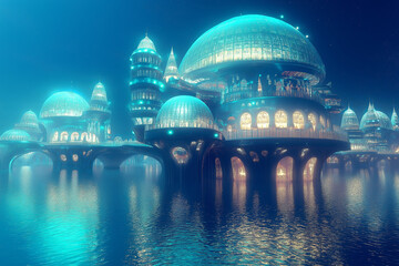 Poster - a hidden underwater city glowing with iridescent lights and coral domes.