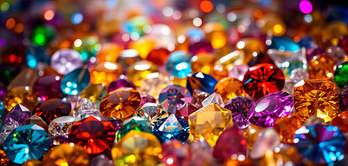 Poster - A dazzling variety of colorful gemstones are scattered together, reflecting light and creating a mesmerizing visual display of hues. The scene showcases the brilliance of each gem