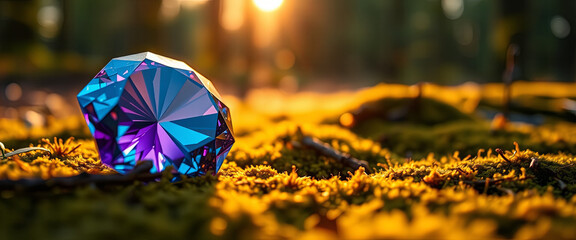 Poster - A vibrant crystal with blue and purple hues glistens on soft moss in a serene forest during sunset, capturing the warm glow of fading light