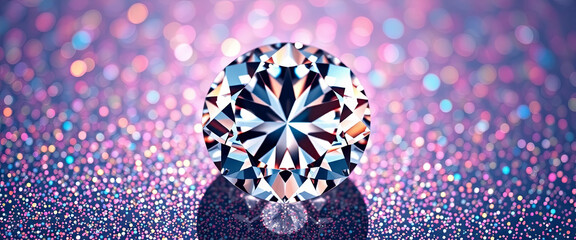 Poster - A round, faceted diamond sits prominently on a shimmering surface filled with colorful glitter. The soft focus around enhances the diamond's brilliance, creating a captivating display