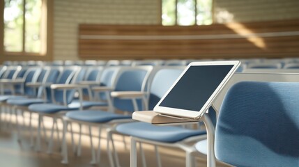 Poster - Tablet rests on a desk in an empty classroom