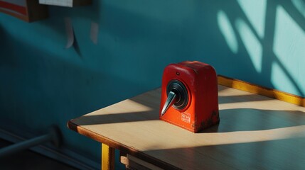 Aufkleber - Vintage Red Pencil Sharpener on Wooden Table