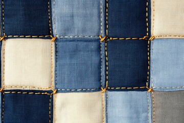 Poster - Abstract fabric collage featuring navy blue and gray tones with golden stitching against a weathered wooden background, showcasing artisanal texture and design