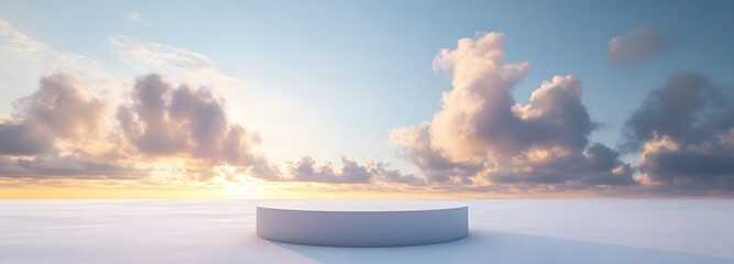 Wall Mural - a podium set on a pristine white snowfield, with soft clouds floating in a pale blue sky and golden 