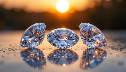 Poster - Three sparkling diamonds are positioned to catch the warm glow of the setting sun, casting mesmerizing reflections on a smooth surface. The tranquil atmosphere enhances their beauty