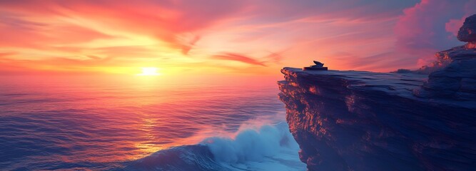 Wall Mural - a podium on a rock formation at the edge of a cliff, with vast ocean waves crashing below and a vibr
