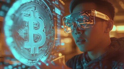 Poster - Young Man Views Bitcoin Cryptocurrency Hologram
