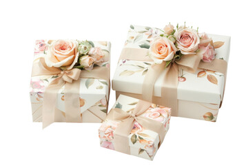 Wall Mural - Delicate gift boxes adorned with elegant floral decorations in soft pastel hues for a romantic occasion isolated on transparent background