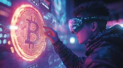 Poster - Young Person Interacts With A Holographic Bitcoin Display