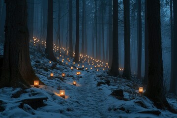 Wall Mural - Enchanting winter forest path illuminated by lanterns