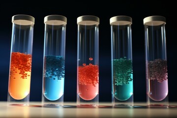 Poster - Five test tubes filled with colorful liquids and spheres stand on a laboratory table, illuminated against a dark background