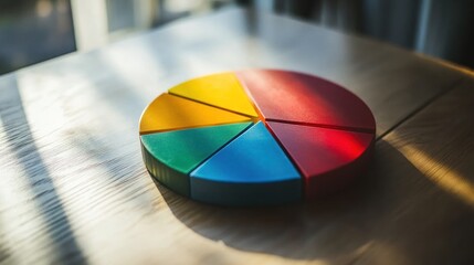Poster - Colorful segmented circle rests on wooden table