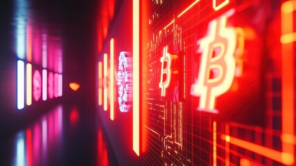 Poster - Neon Bitcoin Cryptocurrency Digital Currency Wall