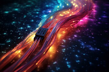 Fototapete - Luminous electrical cable transferring data through a colorful space background, symbolizing global network and communication