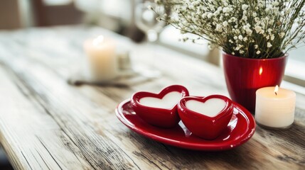 Poster - Romantic Heart Shaped Candles And Flowers On Wooden Table