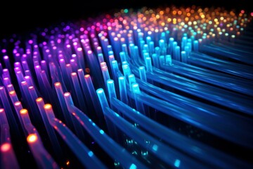 Fototapete - Fiber optic cables transmitting data, glowing in a spectrum of vibrant colors, creating a futuristic technological landscape
