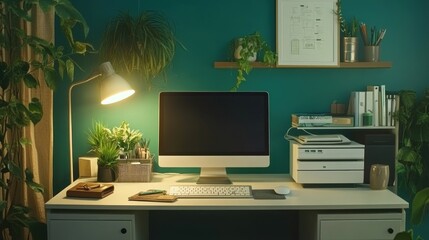 Poster - Modern Home Office Workspace With Plants And Computer