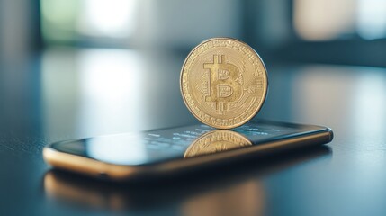 Poster - Golden Bitcoin Coin Above Smartphone Displaying Digital Currency
