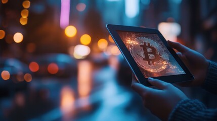 Poster - Person viewing Bitcoin on a tablet at night