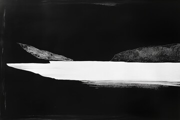 Poster - A minimalist white-on-black ink painting of a serene landscape