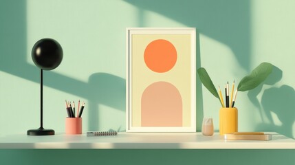 Aufkleber - Minimalist Desk Setup With Geometric Art And Supplies