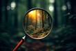 © juliars - Magnifying glass reveals vibrant forest with golden sunlight filtering through trees, creating magical atmosphere