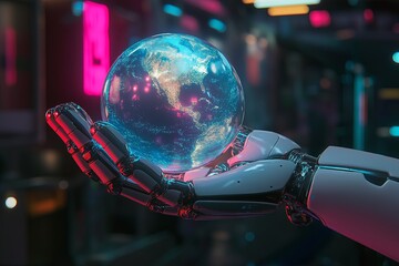 Poster - A robotic hand holding a glowing holographic Earth