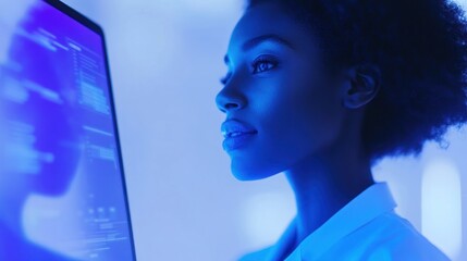 Poster - Woman Observing Data On A Blue Screen