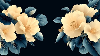 Poster - Elegant Cream Flowers with Teal Leaves on Black Background