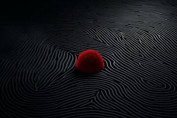 Poster - Red sphere resting on an abstract black fingerprint surface, representing individuality, identity, and security