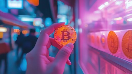 Poster - Hand Holding Bitcoin Cryptocurrency in Neon City Lights