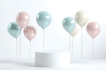 White background stage with minimalist podium and a variety of geometric balloons for product highlights.