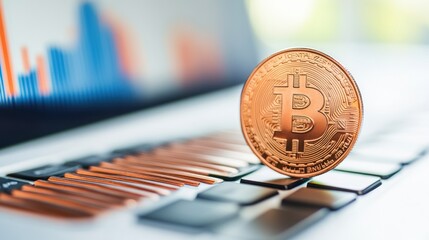 Poster - Bitcoin Cryptocurrency on Laptop Keyboard Near Graph