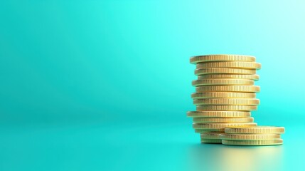 Poster - A stack of golden coins on a teal background