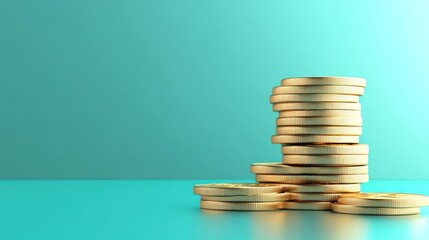 Poster - Golden Coins Stacked on Turquoise Background