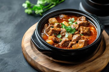 Wall Mural - Spicy beef and kimchi stew in a black bowl on a wooden board with space for text