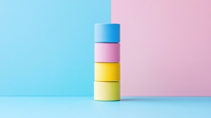 Poster - Pastel colored cylinders stacked vertically on a background