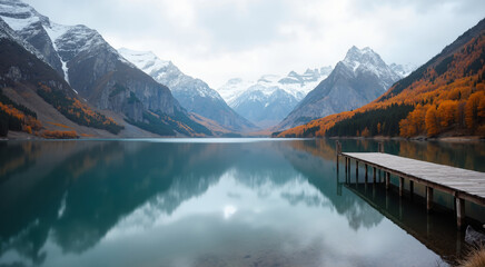  Serene mountain lake with a wooden pier in autumn. The snow-capped peaks and colorful foliage create a picturesque landscape.