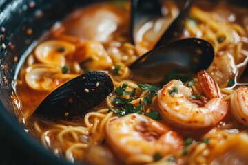 Wall Mural - Detailed view of spicy seafood noodle soup Jjampong from Korea